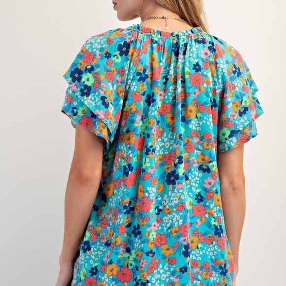 NEW EASEL FLORAL PRINT CHALLIS WOVEN TOP BUTTON DOWN SHIRT BLOUSE RAYON - Picture 2 of 8